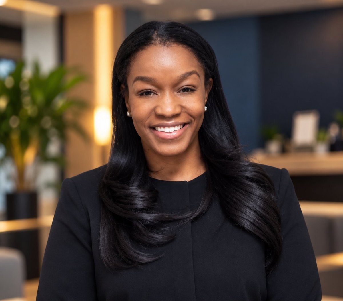 Professional headshot of a smiling woman with long black hair wearing a black blazer in a modern office setting