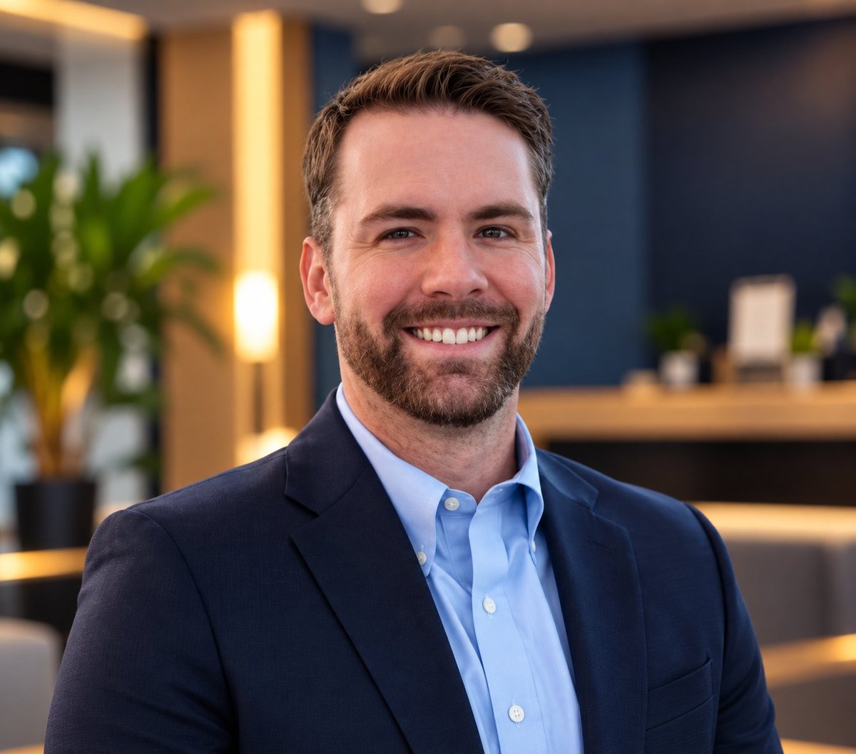 Professional headshot of a smiling man in a dark blazer and light blue shirt in a modern office setting