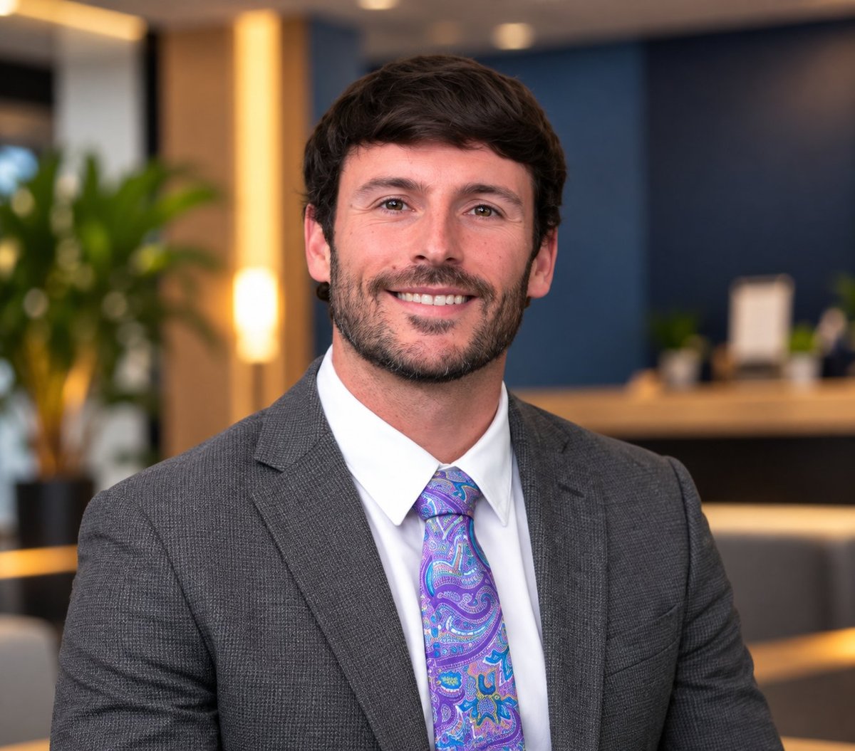 Professional man with dark hair and beard smiling at camera wearing gray blazer and purple patterned tie in modern office setting