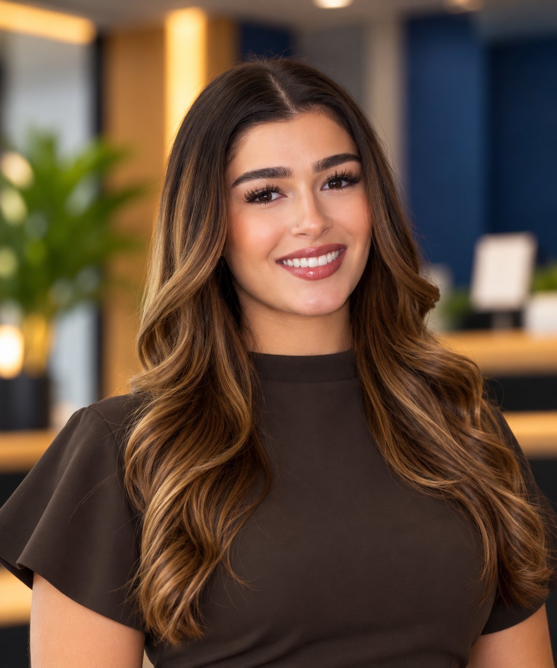 Portrait of a smiling woman with long brunette wavy hair wearing a black t-shirt in a modern office setting